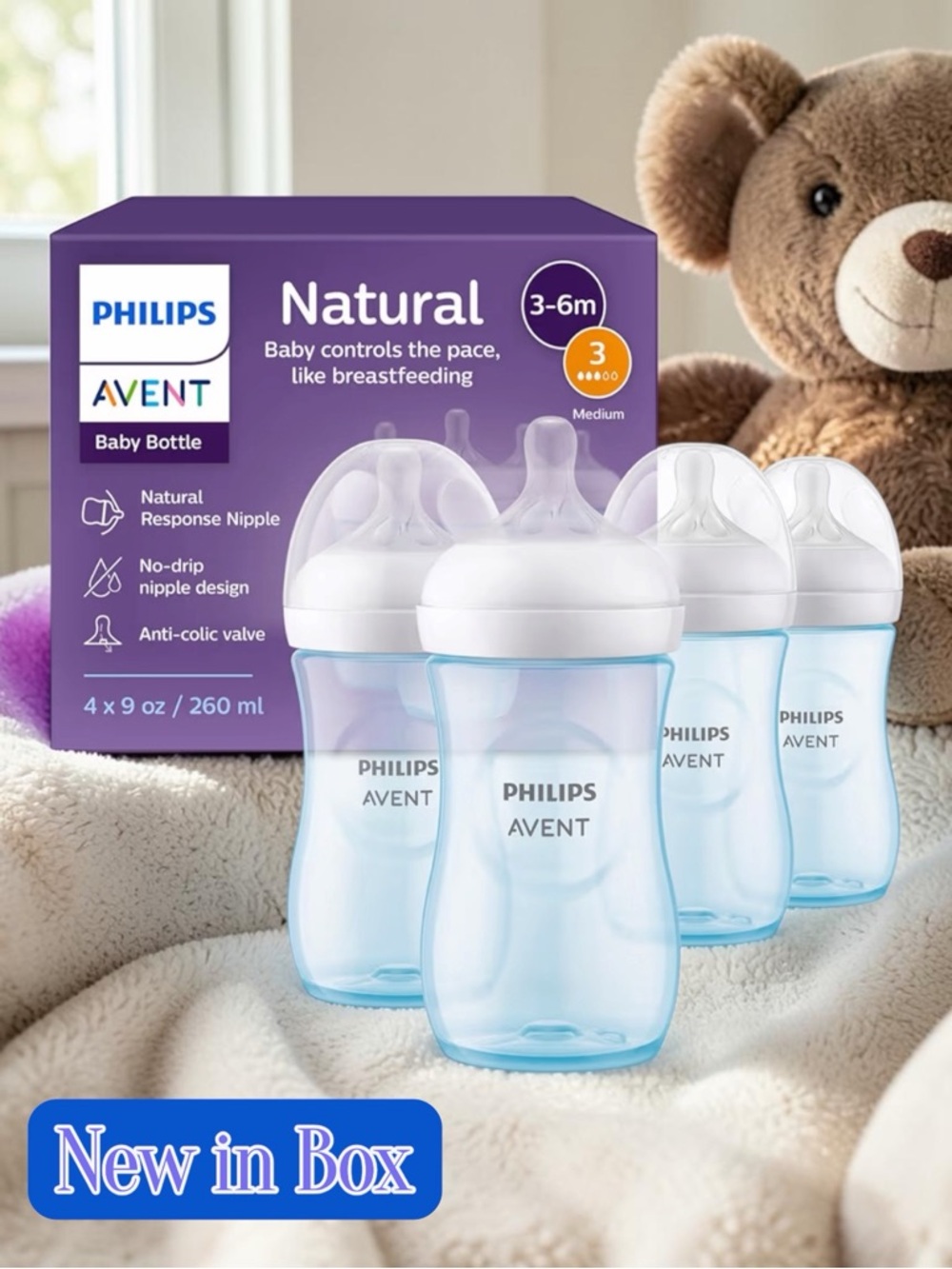 👶🍼 Philips Avent Natural Baby Bottles – 9oz Blue 4-Pack